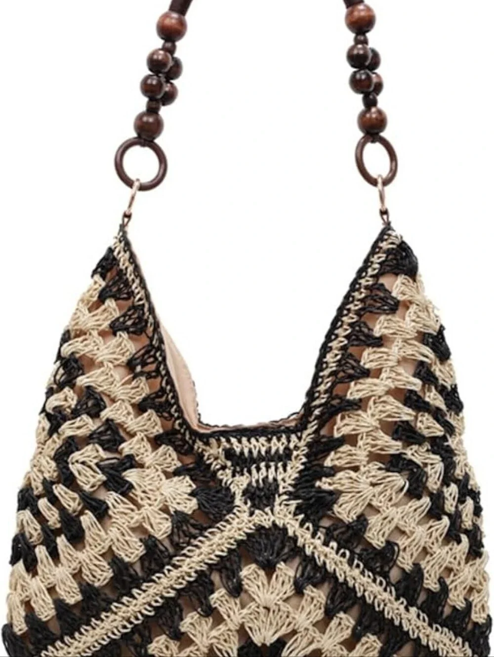Woven Crochet Hobo Bag with Wooden Bead Handle - Black & Natural